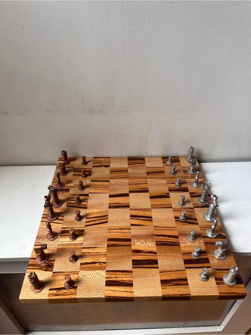 Handmade Zebrawood Wooden Chess Set with Industrial Hardware Pieces